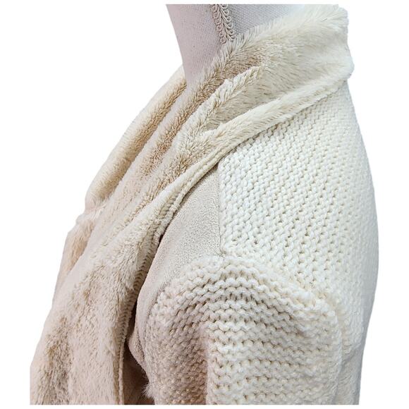 Knox Rose Sweater Jacket Women SMALL Ivory Faux Suede Fur Shearling Open Cardiga - Picture 8 of 15